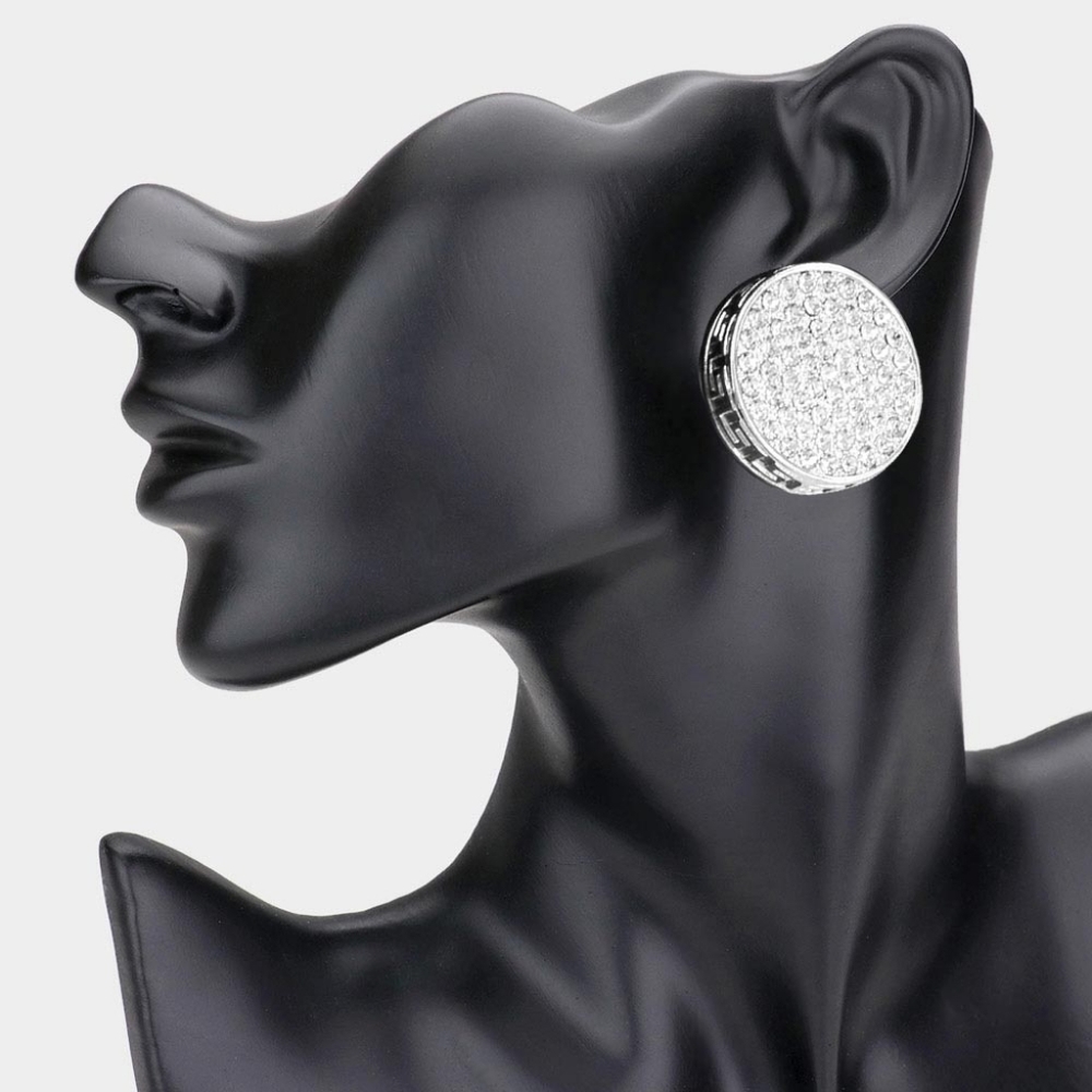Clear Rhodium Silver Greek Key Patterned Rhinestone Crystal Round Stud Earrings